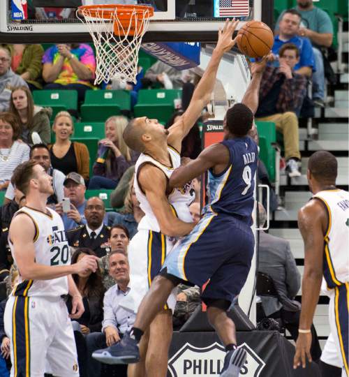 Lennie Mahler  |  The Salt Lake Tribune

Utah center Rudy Gobert blocks Tony Allen's layup in the first half of a game against the Memphis Grizzlies at Vivint Smart Home Arena on Saturday, Nov. 7, 2015.