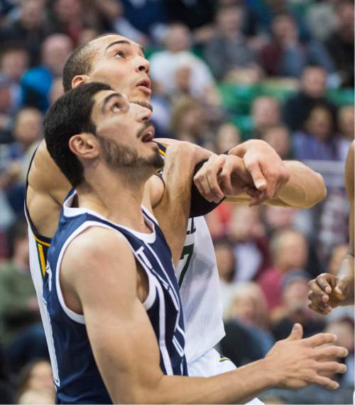Rick Egan  |  The Salt Lake Tribune

Utah Jazz center Rudy Gobert (27) gets tangled up with Oklahoma City Thunder center Enes Kanter (11), resulting in a double-foul, in NBA action, the Utah Jazz vs. the Oklahoma City Thunder, in Salt Lake City, Monday, November 23, 2015.