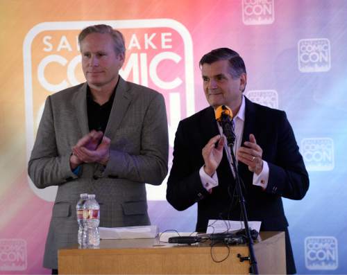 Al Hartmann  |  The Salt Lake Tribune
Salt Lake Comic Con cofounders-producers Dan Farr, left, and Brian Brandenburg announce the schedule of special guests for its upcoming FanX convention to delighted fans at a press conference Tuesday Nov. 24.