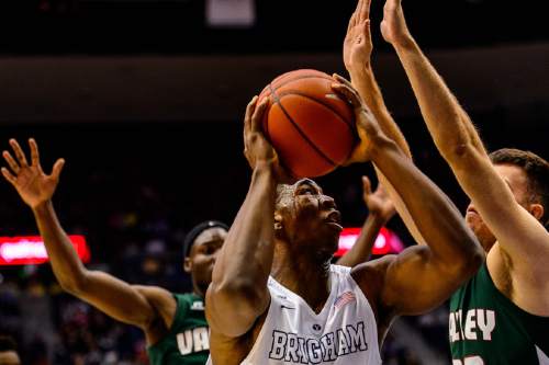 Trent Nelson  |  The Salt Lake Tribune
Brigham Young Cougars forward Jamal Aytes (40) looks for a shot, defended by Mississippi Valley State Delta Devils guard Dusan Langura (20) as BYU hosts Mississippi Valley State, NCAA basketball at the Marriott Center in Provo, Wednesday November 25, 2015.