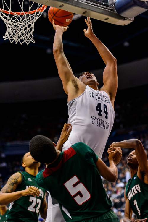 Trent Nelson  |  The Salt Lake Tribune
Brigham Young Cougars center Corbin Kaufusi (44) puts up a shot as BYU hosts Mississippi Valley State, NCAA basketball at the Marriott Center in Provo, Wednesday November 25, 2015.