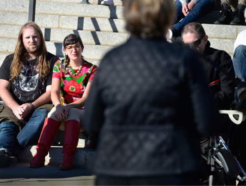 Scott Sommerdorf   |  The Salt Lake Tribune
Kate Kelly, second from left, listens as her mother Donna Kelly speaks at the first-ever Utah Faith Fair and Rally for Love, Equality, Family, and Acceptance, Saturday, November 21, 2015.