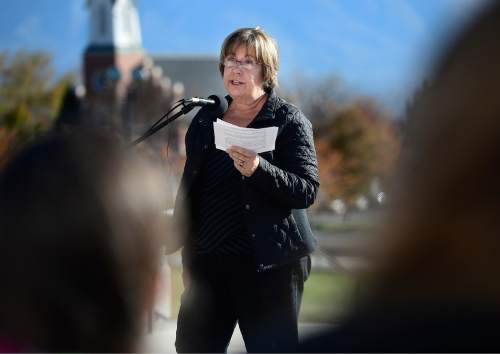 Scott Sommerdorf   |  The Salt Lake Tribune
Donna Kelly, mother of Kate Kelly, speaks at the first-ever Utah Faith Fair and Rally for Love, Equality, Family, and Acceptance, Saturday, November 21, 2015.