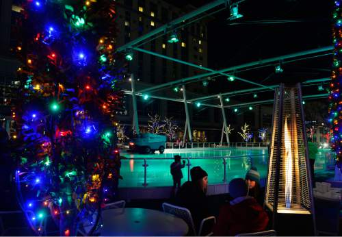 Scott Sommerdorf   |  The Salt Lake Tribune
The ice rink is ringed with holiday lights at the Gallivan Center, Friday, November 27, 2015.