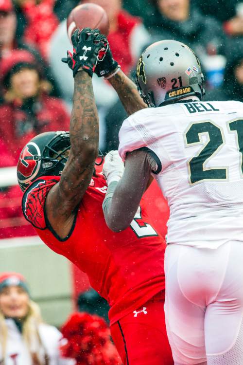 Chris Detrick  |  The Salt Lake Tribune
Utah Utes wide receiver Kenneth Scott (2) can't make a catch in the end zone while being covered by Colorado Buffaloes defensive back Jered Bell (21) during the game at Rice-Eccles Stadium Saturday November 28, 2015.  Utah is winning the game 10-7 at halftime.