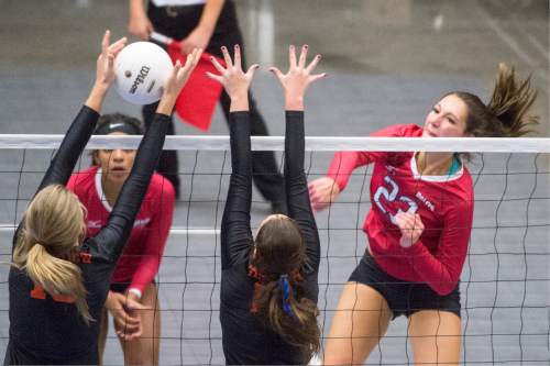 Rick Egan  |  The Salt Lake Tribune

Bountiful Braves Kennedy Redding (17) hits the ball past the Timpview Thunderbirds defenders, in the 4A prep volleyball championship game, Bountiful vs. Timpview, at UVU in Orem, Saturday, November 7, 2015.
