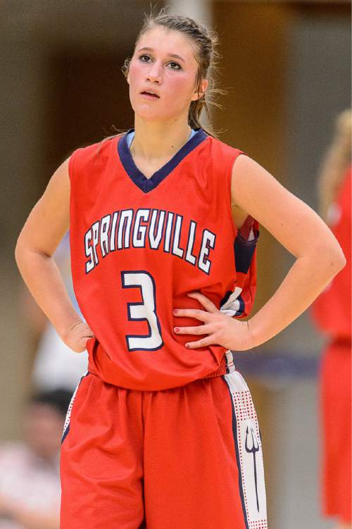 Trent Nelson  |  The Salt Lake Tribune
Springville's Olivia Park (3) reacts to the loss as Sky View faces Springville in the 4A state high school girls basketball tournament at Salt Lake Community College in Taylorsville, Tuesday February 17, 2015. Mountain View wins 54-49.