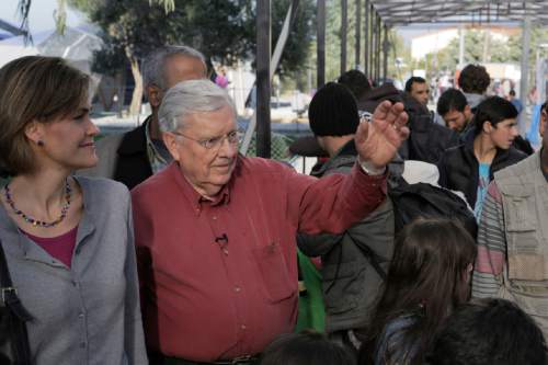 Courtesy  |  LDS Newsroom

Elder M. Russell Ballard (right) of The Church of Jesus Christ of Latter-day Saints visits a refugee shelter on the Greek island of Lesbos, Friday, November 20, 2015.