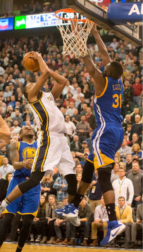 Rick Egan  |  The Salt Lake Tribune

Utah Jazz guard Rodney Hood (5) brings the Jazz with in one point of the Golden State Warriors 103-104 with 37 seconds left in the game  in NBA action the Utah Jazz vs. the Golden State Warriors, in Salt Lake City, Monday, November 30, 2015.