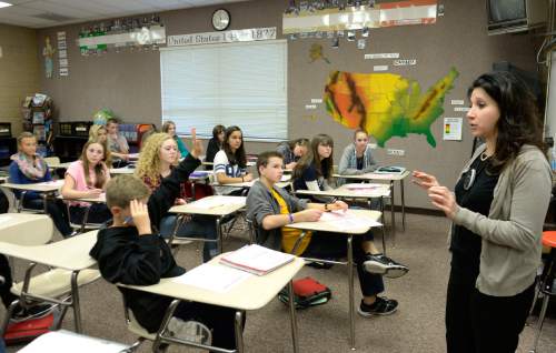 Rick Egan  |  The Salt Lake Tribune

Diamond Fork Junior High teacher Kelly Cole teaches history, Friday, November 20, 2015.