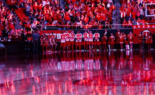 Steve Griffin  |  The Salt Lake Tribune

Fans wave light sticks as the Utes are introduced before first half action in the Utah versus BYU men's basketball game at the Huntsman Center in Salt Lake City, Wednesday, December 2, 2015.