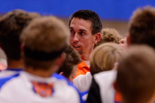 Trent Nelson  |  The Salt Lake Tribune
Water Canyon School basketball coach Brad Garrett huddles with his players, in Hildale, Wednesday December 2, 2015.