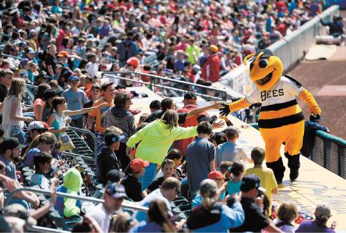 Francisco Kjolseth  |  The Salt Lake Tribune 
Bumble and the Salt Lake Bees host their annual weekday morning game, with 13,000 fifth and sixth graders at Smith's Ballpark.