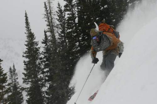 Chris Detrick  |  Tribune File Photo

Kelty spokesperson Drew Simmons, aka "Kjelty Bakpakkvrson" skis at Alta Ski Resort December 7, 2008.