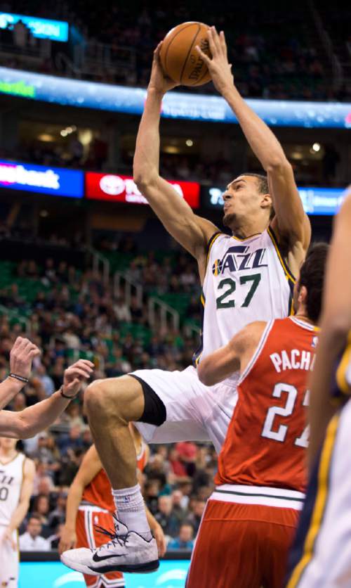Lennie Mahler  |  The Salt Lake Tribune

Rudy Gobert elevates for a dunk in the first quarter of an NBA basketball game between the Utah Jazz and the Milwaukee Bucks at EnergySolutions Arena in Salt Lake City, Saturday, Feb. 28, 2015.