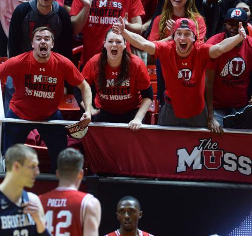 Steve Griffin  |  The Salt Lake Tribune

Utah fans scream their heads off after Utah Utes forward Jakob Poeltl (42) blocked a shot during second  half action in the Utah versus BYU men's basketball game at the Huntsman Center in Salt Lake City, Wednesday, December 2, 2015.