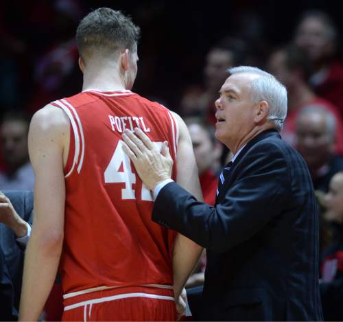 Steve Griffin  |  The Salt Lake Tribune

BYU head coach Dave Rose congrats Utah Utes forward Jakob Poeltl (42) following Utah victory over BYU at the Huntsman Center in Salt Lake City, Wednesday, December 2, 2015.