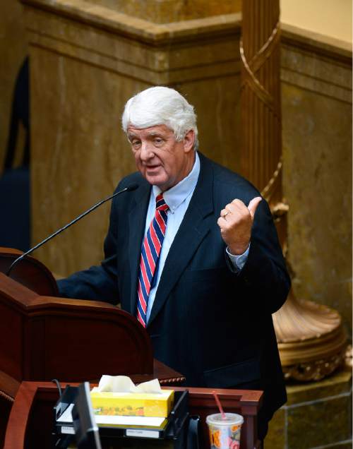 Scott Sommerdorf   |  The Salt Lake Tribune
Congressman Rob Bishop, R-Utah, refers to the way things are done in Washington D.C. as he addresses the Utah House of Representatives, Thursday, February 19, 2015.