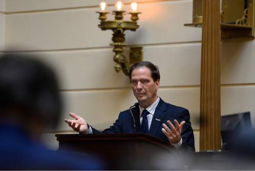 Scott Sommerdorf   |  The Salt Lake Tribune
Congressman Chris Stewart spoke to the Utah Senate, Thursday, January 29, 2015. He spoke about his frustrations in Washington D.C., and likened it to a helicopter fighting against a heavy wind.