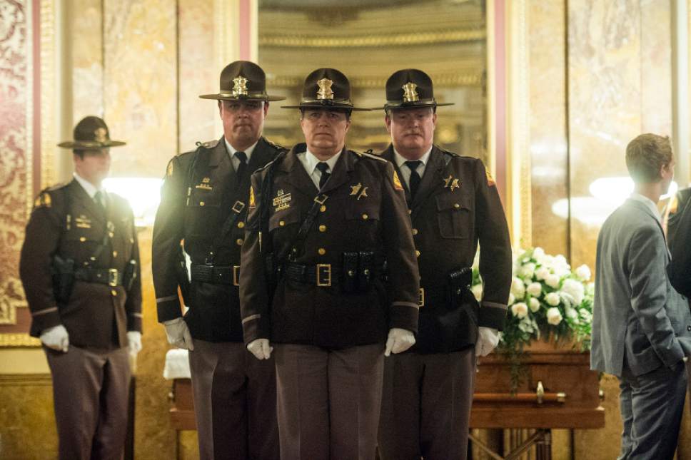 Chris Detrick  |  The Salt Lake Tribune
Members of the Utah Highway Patrol pay their respects to Olene Walker, Utah's 15th Governor, during a viewing in the Gold Room of the Utah State Capitol on Thursday. Walker died Saturday of natural causes. She was 85.