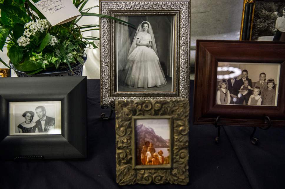 Chris Detrick  |  The Salt Lake Tribune
Family photos of Olene Walker, Utah's 15th Governor, on display during a viewing in the Gold Room of the Utah State Capitol Thursday December 3, 2015.  Walker died Saturday of natural causes. She was 85.