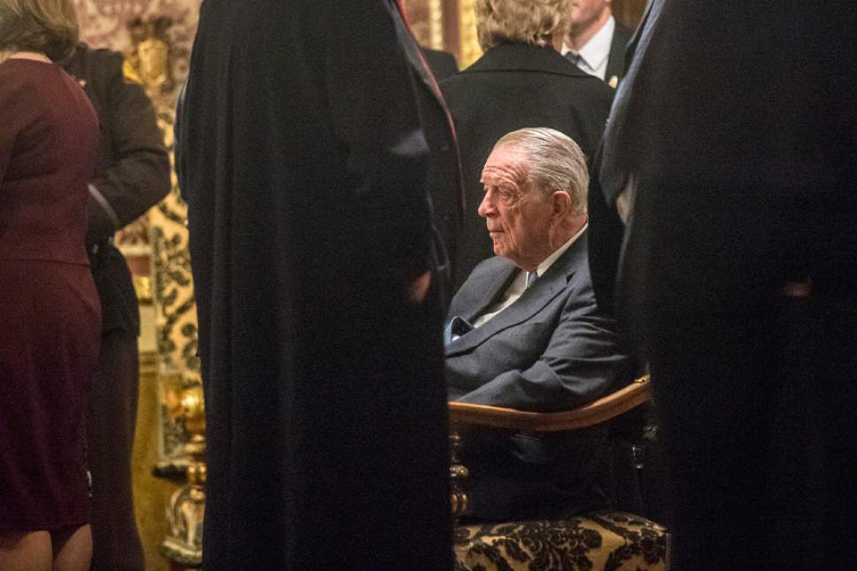 Chris Detrick  |  The Salt Lake Tribune
Myron Walker talks with family, friends and members of the public as they pay their respects to his wife Olene Walker, Utah's 15th Governor, during a viewing in the Gold Room of the Utah State Capitol Thursday December 3, 2015.  Walker died Saturday of natural causes. She was 85.