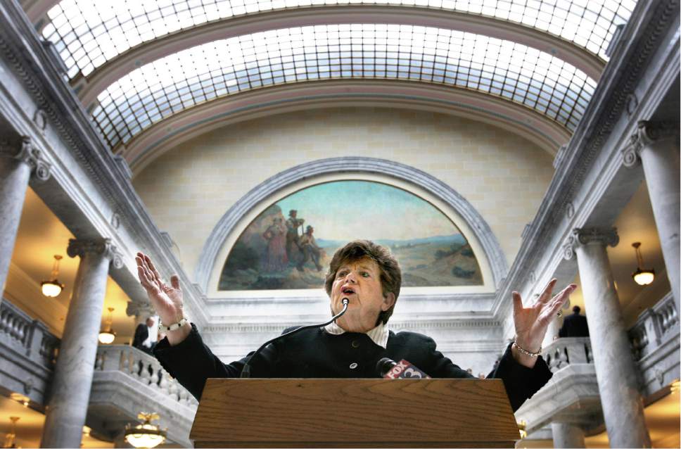 Scott Sommerdorf  |  Tribune file photo

Former Utah governor Olene Walker addresses a luncheon in the capitol rotunda in January 2008 about the Olene Walker Housing Loan Fund. She was also accepting the 1st annual "Spitfire Award" presented by the Utah Housing Coalition.