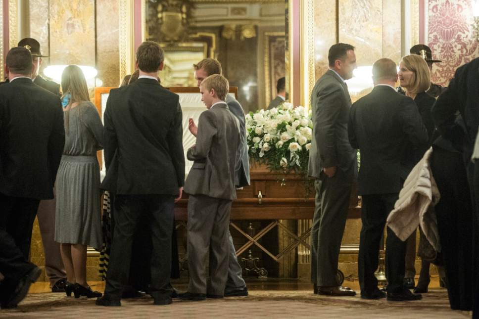 Chris Detrick  |  The Salt Lake Tribune
Family, friends, members of the public and Utah Highway Patrol pay their respects to Olene Walker, Utah's 15th Governor, during a viewing in the Gold Room of the Utah State Capitol Thursday December 3, 2015.  Walker died Saturday of natural causes. She was 85.
