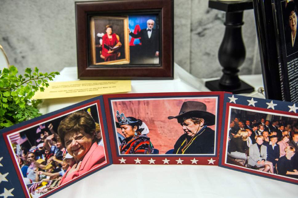 Chris Detrick  |  The Salt Lake Tribune
Family photos of Olene Walker, Utah's 15th Governor, on display during a viewing in the Gold Room of the Utah State Capitol Thursday December 3, 2015.  Walker died Saturday of natural causes. She was 85.