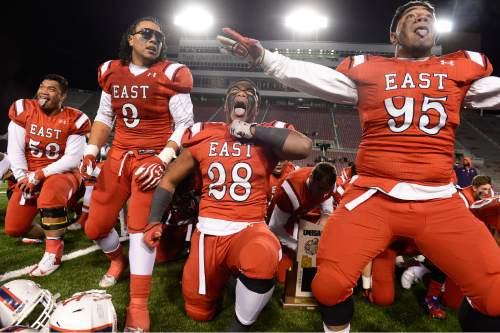 Scott Sommerdorf   |  The Salt Lake Tribune
East players do the Haka after East beat Timpview 49-14 for the Utah 4A championship, Friday, November 20, 2015. No. 53, offensive lineman Johnny Maea, committed to play college ball for the U. in early December.