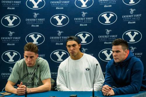 Chris Detrick  |  The Salt Lake Tribune
Mitch Mathews, Bronson Kaufusi and Tanner Mangum during a press conference at Brigham Young University Friday December 4, 2015.  Mendenhall signed a five-year contract with the University of Virginia that will pay him $3.25 million annually, estimated to be more than three times the money he makes coaching BYU.