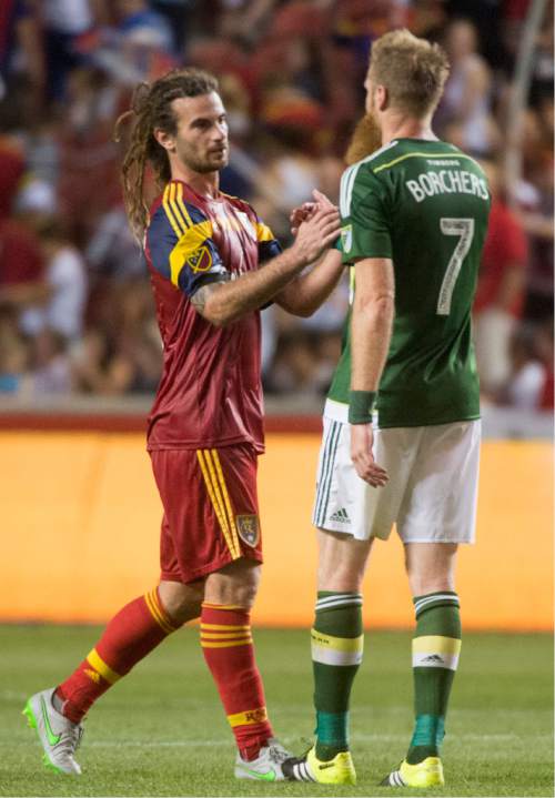 Rick Egan  |  The Salt Lake Tribune

Real Salt Lake midfielder Kyle Beckerman (5) shakes hands with Portland Timbers defender Nat Borchers (7) after the game, in MLS action Real Salt Lake vs. The Portland Timbers, at Rio Tinto stadium, Saturday, August 15, 2015.