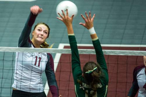 Chris Detrick  |  The Salt Lake Tribune
Morgan's Jaiden Farr (11) spikes the ball past Snow Canyon's Alexsa Parker (13) during the 3A championship match at the UCCU Center Thursday October 29, 2015.