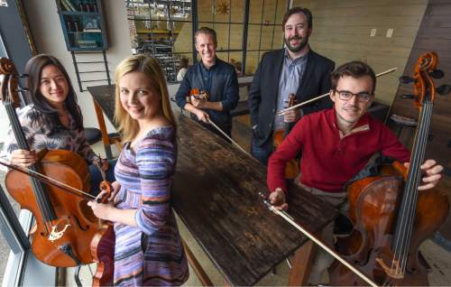 Francisco Kjolseth | The Salt Lake Tribune
Musicians of the Utah Symphony (MOTUS) After Dark will present another late-night event at the popular downtown bar Under Current. This time musicians like cellist Joyce Yang, violinists Kathryn Eberle and David Porter, violist Brant Bayless and cellist Rainer Eudeikis, from left, will be playing the music of Nico Muhly, Mozart, Brahms and more.