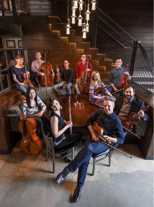 Francisco Kjolseth | The Salt Lake Tribune
Meet the musicians of the Utah Symphony (MOTUS) After Dark will present another late-night event at the popular downtown bar Under Current. Pictured clockwise from bottom, David Porter, violin, Mercedes Smith, flute, Joyce Yang, cello, Becca Moench, violin, Walter Haman, cello, Alex Martin, violin, Rainer Eudeikis, cello, Kathryn Eberle, violin, Joel Gibbs, viola, and Brant Bayless, viola, will be playing the music of Nico Muhly, Mozart, Brahms and more.