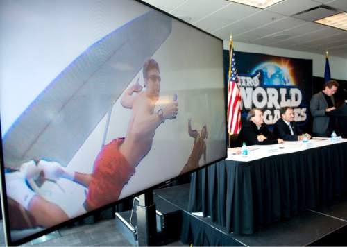 Steve Griffin  |  The Salt Lake Tribune

A video of Travis Pastrana, Nitro World Games co-founder,  jumping out of an airplane with no parachute plays during a press conference announcing the inaugural Nitro World Games at the University of Utah's Rice-Eccles Stadium in Salt Lake City, Monday, December 7, 2015. The event will be held at Rice-Eccles Stadium July 16, 2016.