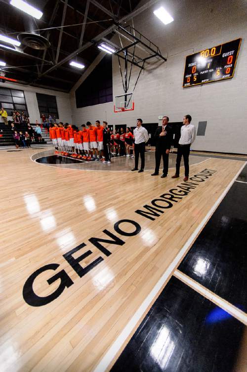 Trent Nelson  |  The Salt Lake Tribune
Wasatch Academy hosts North Sevier High School, boys basketball, in Mt. Pleasant, Tuesday November 24, 2015.  The floor of their new gymnasium has been named for the school's former coach Geno Morgan, who passed away in July.