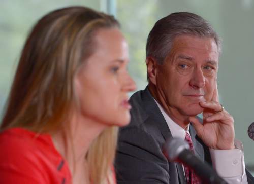 Leah Hogsten  |  The Salt Lake Tribune
"Lynne has worked in some challenging situations and been successful with that, " said University of Utah athletic director Chris Hill (right) of Lynne Roberts (left) who is the new women's basketball coach Wednesday, April 29, 2015 at the Jon M. Huntsman Center.