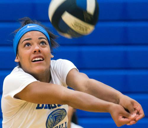 Steve Griffin  |  The Salt Lake Tribune

Bingham High School volleyball player Torre Glasker passes the ball during practice at the South Jordan, Utah high school Monday, August 17, 2015.  l