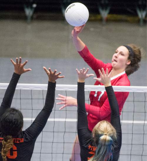 Rick Egan  |  The Salt Lake Tribune

Bountiful Braves Kennedy Redding (17) hits the ball, in the 4A prep volleyball championship game, Bountiful vs. Timpview, at UVU in Orem, Saturday, November 7, 2015.