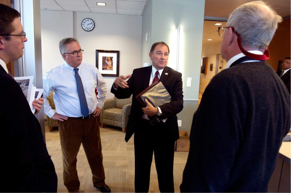 Scott Sommerdorf   |  The Salt Lake Tribune
Utah Governor Gary Herbert came to the Salt Lake Tribune editorial board meeting to discuss his recommendations for the fiscal year 2017 budget, Wednesday, December 9, 2015. Second from left is Terry Orme, Editor and Publisher/The Salt Lake Tribune. At right is Tim Fitzpatrick, deputy editor and editorial page editor of The Salt Lake Tribune.