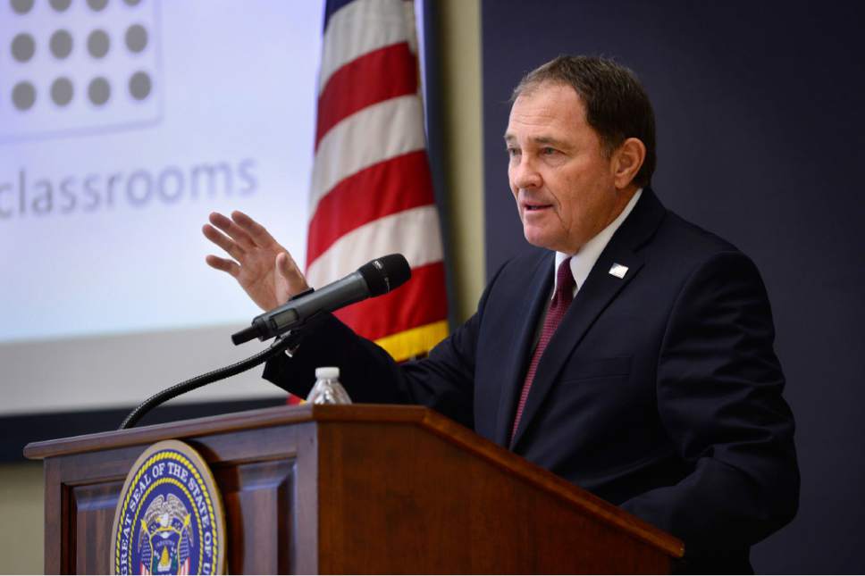 Scott Sommerdorf   |  The Salt Lake Tribune
Utah Governor Gary Herbert introduced his recommendations for the fiscal year 2017 budget at SLCC, Wednesday, December 9, 2015. Earlier Herbert toured Innovations Early College High School at SLCC.