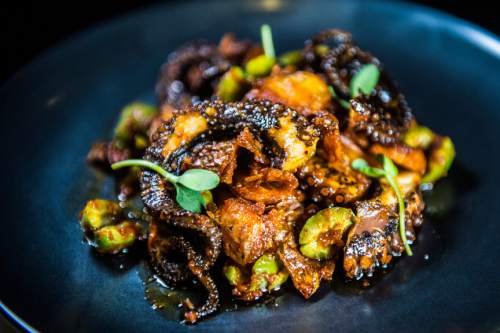 Chris Detrick  |  The Salt Lake Tribune
Pulpo (grilled Spanish octopus) with fried potatoes, paprika, olive oil and green olives ($14) at Finca.