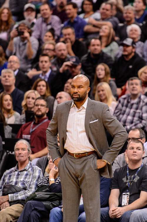 Trent Nelson  |  The Salt Lake Tribune
New York Knicks head coach Derek Fisher looks on as his team falls behind by nearly thirty points as the Utah Jazz host the New York Knicks, NBA basketball at Vivint Smart Home Arena, Wednesday December 9, 2015.