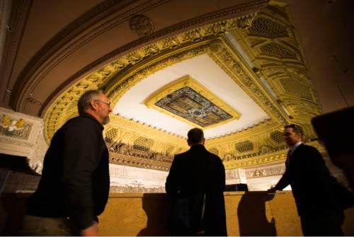 Steve Griffin  |  The Salt Lake Tribune

The ornate plaster ceiling and skylight in the interior of the aging Utah Theater, which Salt Lake City's Redevelopment Agency is trying to get refurbished by a private developer who wants to turn the 97-year-old playhouse into a dinner theater in Salt Lake City, Thursday, December 10, 2015.