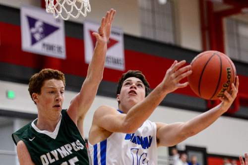 Trent Nelson  |  The Salt Lake Tribune
Bingham's Brady Atkin (14) shoots, defended by Olympus's Ryan Bell (15), as Bingham plays Olympus in the first round of the boys' basketball Elite 8 Tournament at American Fork High School, Thursday December 10, 2015.
