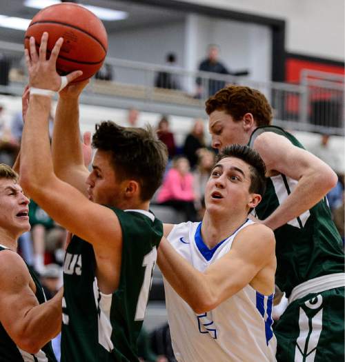 Trent Nelson  |  The Salt Lake Tribune
Olympus's Oscar Hoggan (12) and Bingham's Lleyton Parker (2) in the scramble as Bingham plays Olympus in the first round of the boys' basketball Elite 8 Tournament at American Fork High School, Thursday December 10, 2015.
