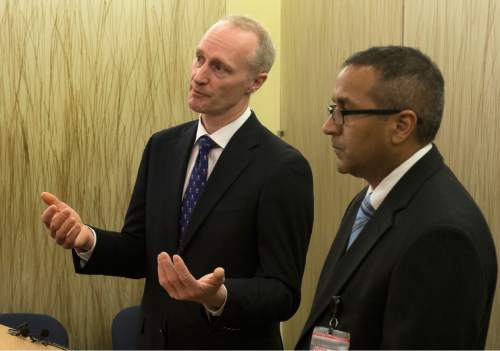 Rick Egan  |  The Salt Lake Tribune
Orthopaedic Trauma and Adult Reconstruction surgeon, Erik Kubiak MD, left, and Plastic Surgeon, Jay Agarwal, MD, discuss the first life-changing Percutaneous Osseointegrated Prosthesis (POP) surgeries that happened Monday at the VA Hospital in Salt Lake, during a press conference at the VA Hospital on Friday.