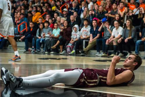 Chris Detrick  |  The Salt Lake Tribune
Lone Peak's Nate Harkness (35) celebrates after being fouled during the game at Wasatch Academy Thursday December 10, 2015.  Lone Peak won the game 68-65.