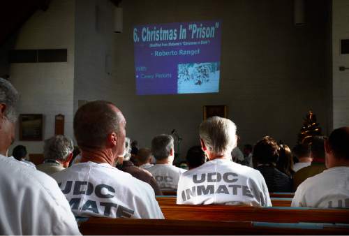 Scott Sommerdorf   |  The Salt Lake Tribune
Inmates listen in the prison's chapel during the annual Christmas concert of the Wasatch Music Education Program at the Utah State Prison on Saturday.